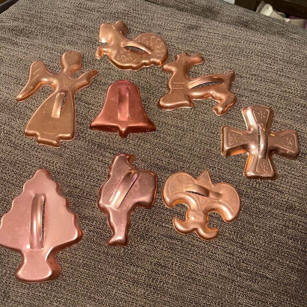 Vintage Copper Color Metal Christmas Cookie Cutters Set of 8 Angel Tree Santa